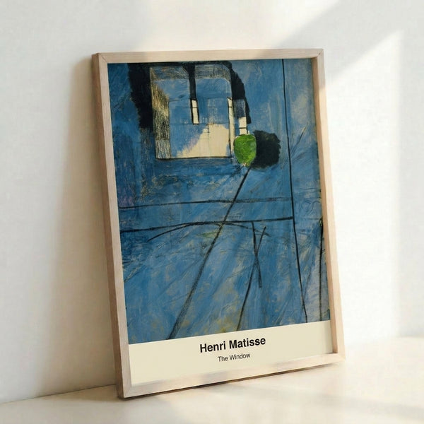 Framed abstract window poster with subdued blue and black palette, embodying quiet introspection and contemporary minimalist design.