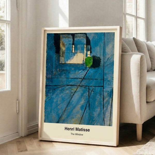 Serene abstract print showing a window rendered in monochromatic whites, blacks, and cool blues with a luminous, peaceful mood.