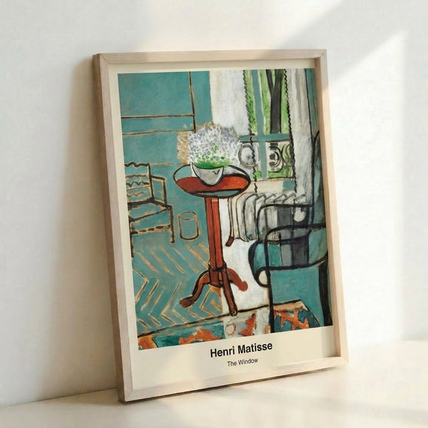 Matisse-inspired abstract composition of a sunlit interior space with turquoise window, ochre furnishings, and bold black outlines on white.