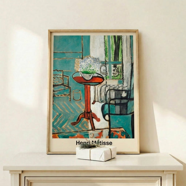 Minimalist poster art depicting a serene interior with turquoise window opening, abstract chair and table rendered in warm ochre and black.