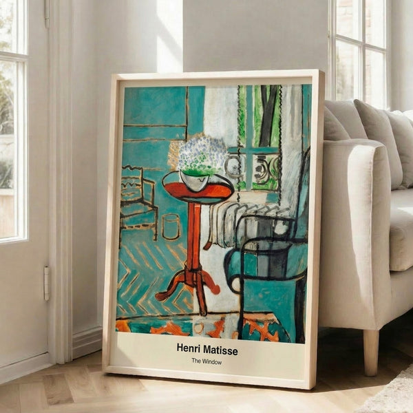 Contemporary abstract wall art showing a contemplative room scene with turquoise window frame, ochre accents, and stark black line work.