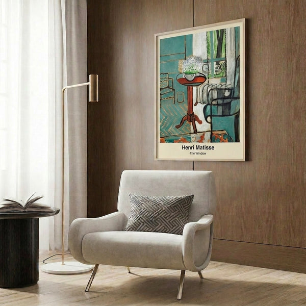 Framed minimalist artwork portraying a quiet interior moment with turquoise and ochre tones, geometric window and furniture forms in bold black.