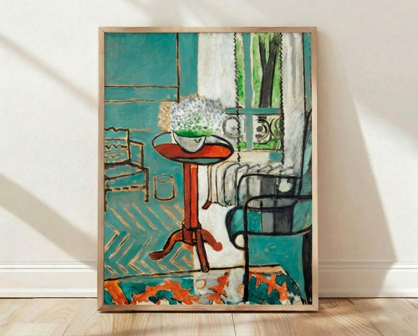 Abstract modernist framed poster featuring geometric window composition in vibrant blues, greens, and warm tones with minimalist design sensibility.