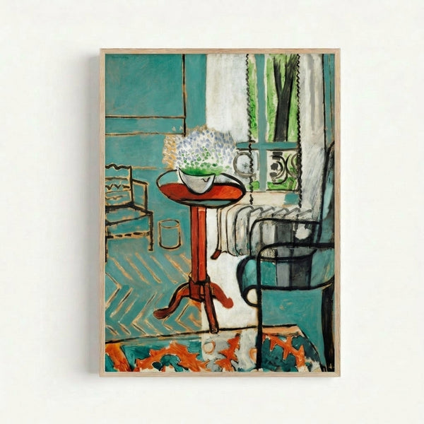 Colorful Matisse-inspired window print displayed on wall, showcasing bold abstract forms and a serene yet dynamic artistic interpretation.