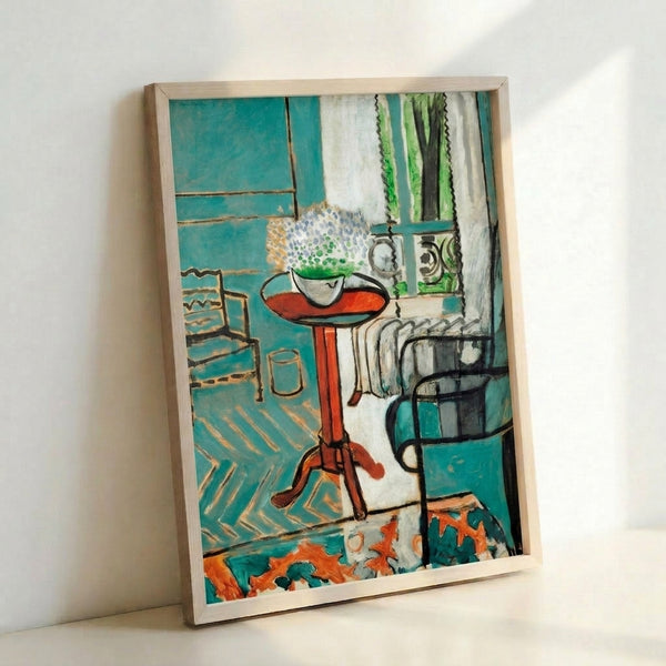 Framed modern art poster with architectural window motif rendered in soft pastels and jewel tones, exemplifying early 20th century abstraction.