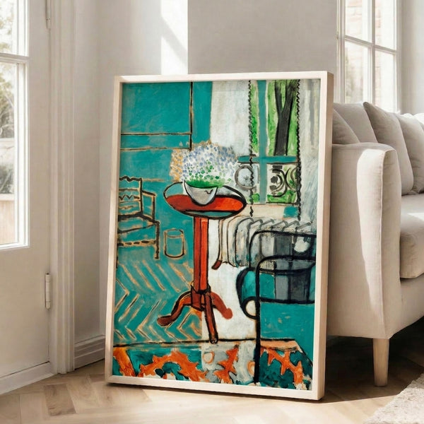 Contemporary abstract wall art print depicting a stylized interior window view with layered shapes in harmonious color palette of teals and earth tones.