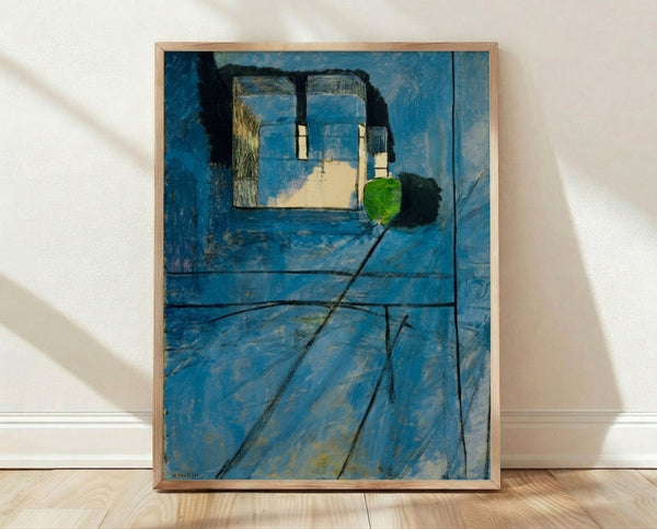 Framed abstract art print featuring geometric shapes and soft colors in the style of early 20th-century modernism, displayed on a wall.