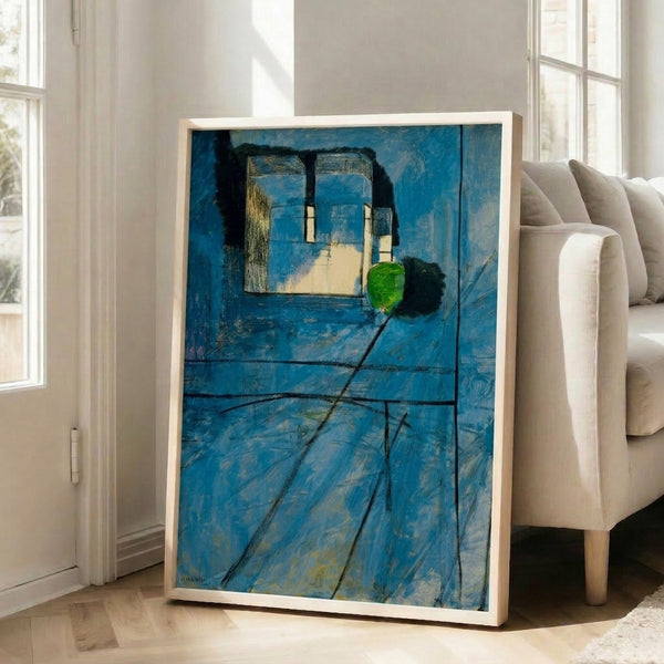Abstract print featuring layered shapes and a peaceful palette, mounted as framed wall décor with minimalist sensibility.