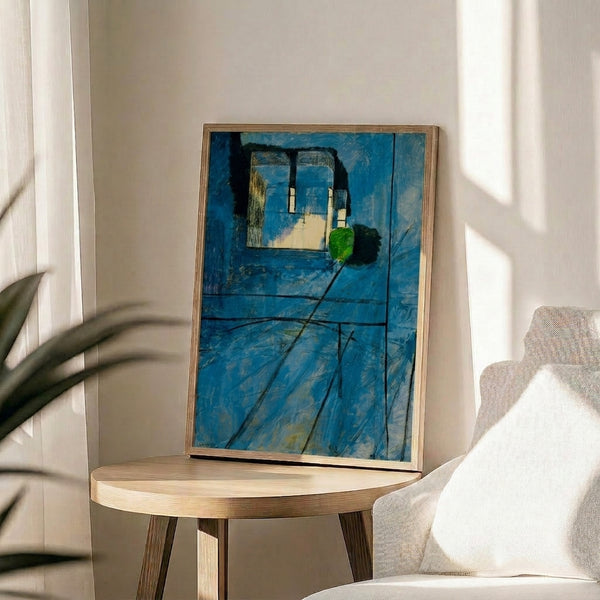 Modernist poster art with organic and geometric elements in soft, restrained colors evoking tranquility.