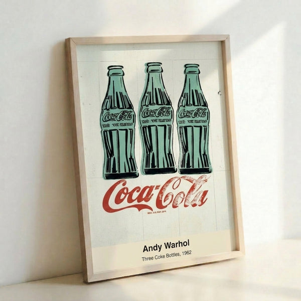 Three identical Coca-Cola bottles depicted in high-contrast black, white, and green in the bold, repetitive style of pop art.