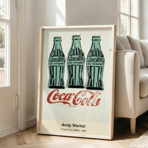 Wall art poster showcasing three soda bottles in green and black, rendered with the mechanistic precision and iconic simplicity of pop art.