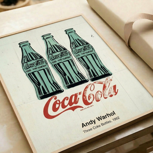 Modern poster art featuring three Coca-Cola bottles in bold, contrasting green and black tones with the signature repetitive aesthetic of pop art.