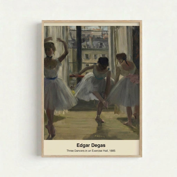 Vintage-style poster print showing dancers stretching and practicing in a studio space, painted in muted earth tones characteristic of late Impressionist technique.