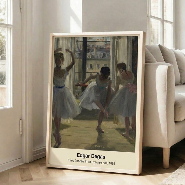 Modern poster featuring dancers in repose within a practice hall, rendered with the soft, observational quality of Impressionist painting in restrained earth and sky-tone palette.