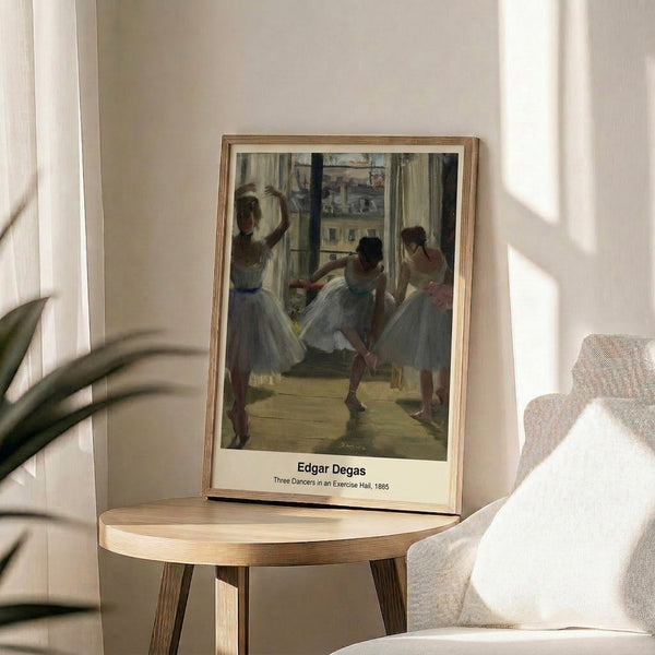 Impressionist wall art depicting graceful dancers in an exercise studio, achieved through delicate brushwork in cream, ochre, pale blue, and soft brown pigments.