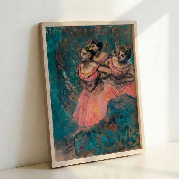 Fine art poster showing three performers in crimson dance costumes captured mid-movement, executed in classical impressionist technique with subtle warm and neutral color harmonies.
