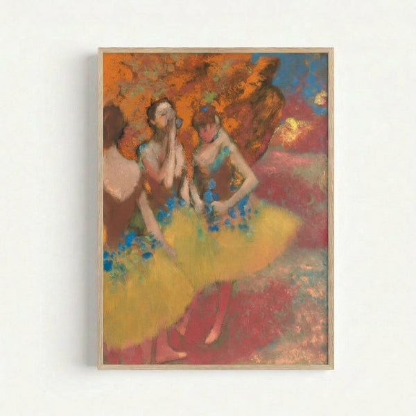 Three graceful ballet performers wearing vibrant yellow tutus in a warm, dreamy Impressionist composition with gentle color harmonies, displayed as framed wall art.
