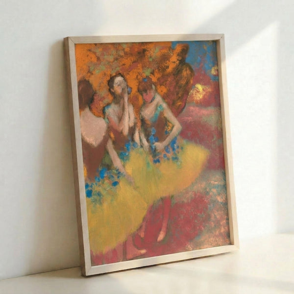Vintage-style poster depicting three elegant dancers in yellow skirts captured in an Impressionist aesthetic with soft lighting and romantic mood.