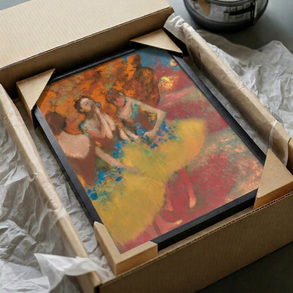 Impressionist-style framed poster featuring three graceful dancers dressed in yellow, capturing movement and elegance with soft tones and romantic atmosphere.