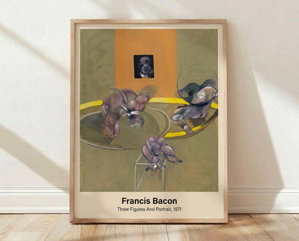 Abstract expressionist painting featuring three distorted human figures and a portrait rendered in ochre, brown, and grey tones, evoking a sense of anguish and claustrophobia framed on a wall.
