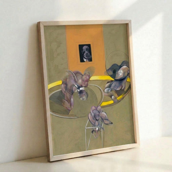 Expressionist framed poster depicting faceless figures in geometric abstraction with ochre and grey hues, capturing an anguished and haunting mood.