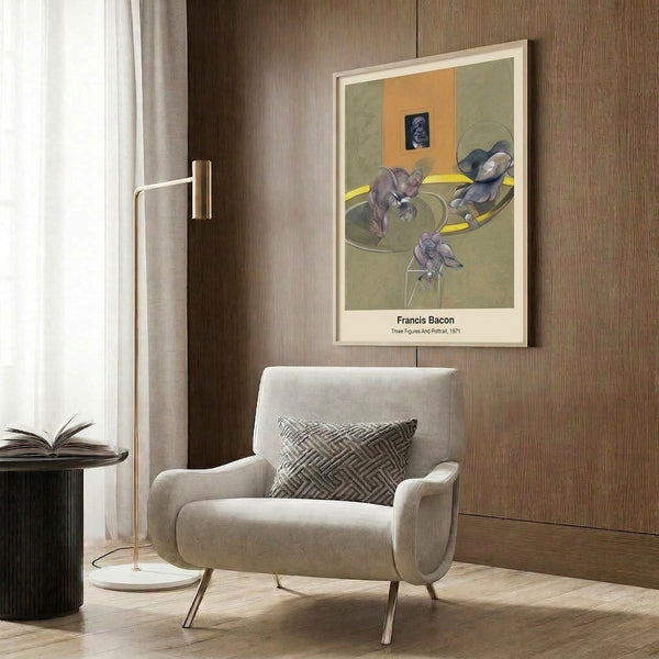 Modern abstract print featuring deconstructed human figures and portraiture in muted ochre and brown, evoking tragic psychological depth and visual dissonance.
