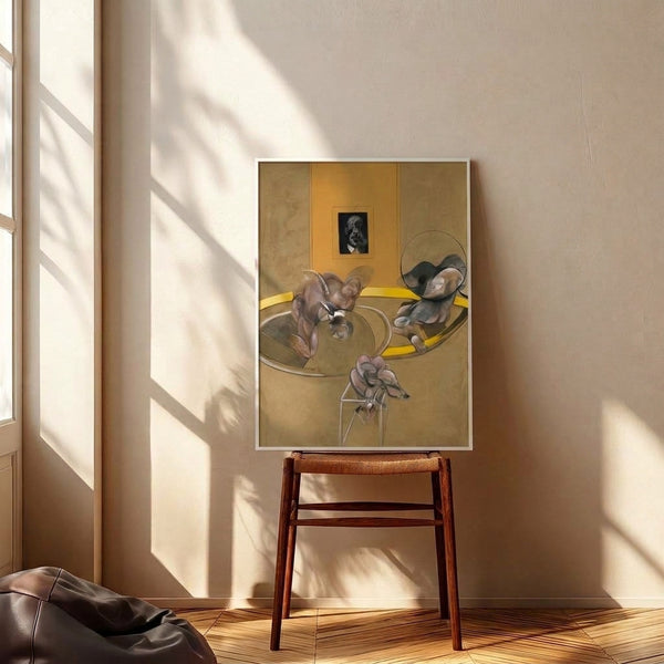 Framed modern art print of three expressive, abstracted human forms alongside a deconstructed portrait in somber browns and creams, evoking psychological tension.