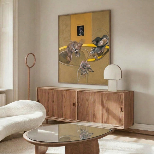 Contemporary abstract painting poster depicting three figures and a disintegrated facial study in a palette of taupe, charcoal, and ochre, hung as wall art.