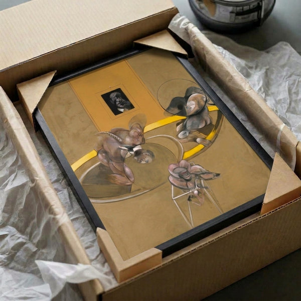 Expressionist-style framed poster showing three contorted figures with an obscured portrait in muted neutral tones, conveying raw emotional intensity.