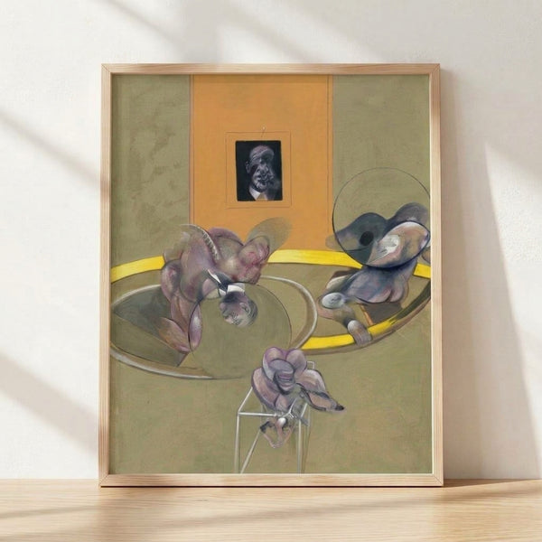 Abstract portrait print featuring three distorted human figures in muted earth tones and grays, displayed as framed wall art with an unsettling, expressionist mood.