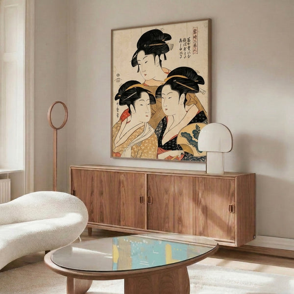 Three graceful geishas in ornate traditional dress and accessories featured in this refined Japandi-style wall art, showcasing intricate details in cream, red, gold, and black tones.