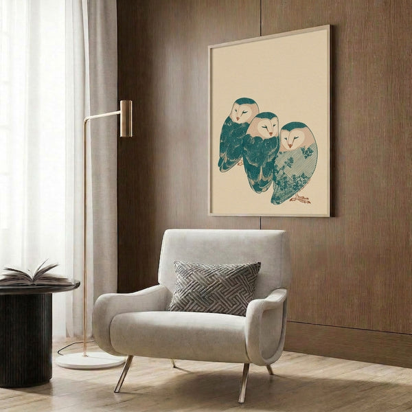 Framed poster showcasing three barn owls in delicate line art style, rendered in soft cream, teal, and brown tones with a wabi sabi, contemplative mood.