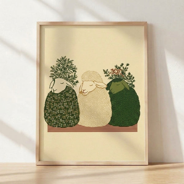Folk art poster featuring three whimsical sheep in cream and tan tones surrounded by sage green and olive botanical elements, evoking a peaceful cottagecore aesthetic.