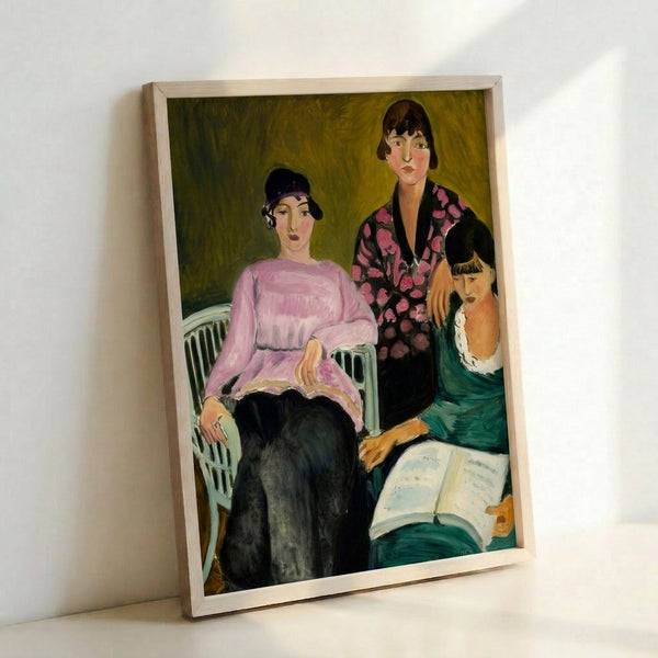 Framed poster of three women rendered in loose, gestural brushstrokes with a warm color palette of terracotta, beige, and soft neutrals.