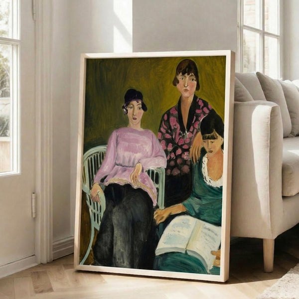 Framed print of three female figures painted with expressive, confident brushwork in a palette of rust, cream, and muted earth tones.