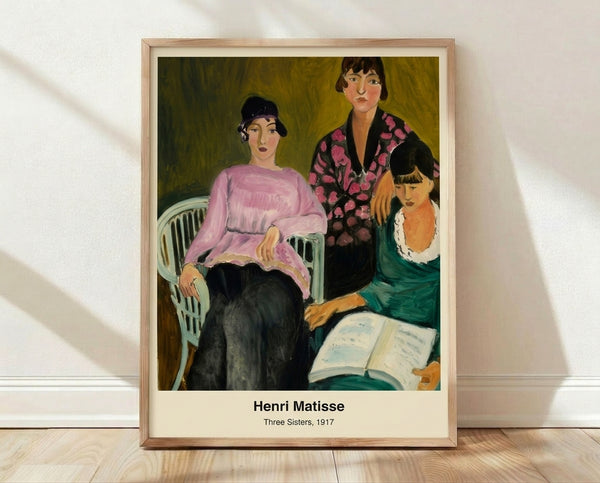 Matisse's Three Sisters, a vibrant modernist portrait featuring three women in ochre, blue, and green tones with expressive, intimate brushwork characteristic of early twentieth-century Fauvism.