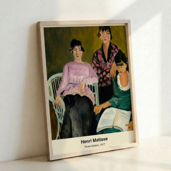 Three Sisters by Henri Matisse, an expressive portrait painting in warm ochres and cool blues, capturing an intimate moment with loose, painterly technique typical of modernist art.