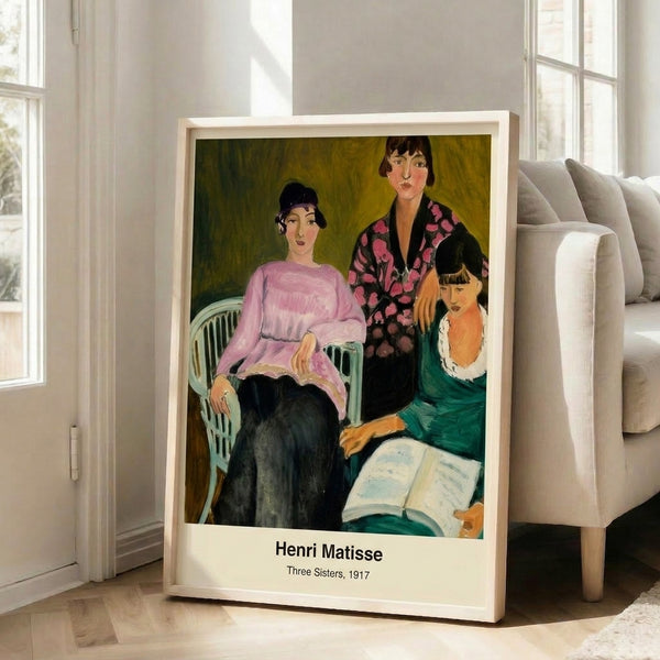 Modernist portrait of three women in rich earth tones and jewel colors, Matisse's Three Sisters rendered as a framed art print with dynamic, expressive composition.