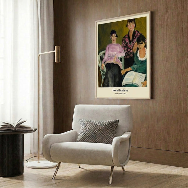 Matisse's celebrated Three Sisters composition featuring layered figures in vibrant blues, greens, and ochres, a landmark modernist portrait in expressive oil paint style.