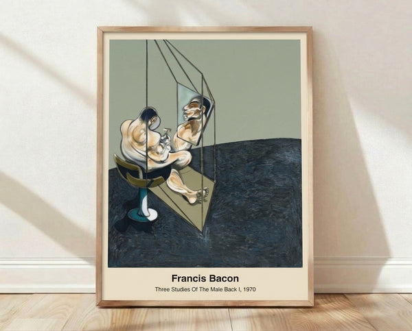 Abstract triptych framed poster depicting three studies of a male figure from behind, rendered in ochre, grey, and black with geometric cage-like forms and pedestals creating a psychologically intense, isolated mood.