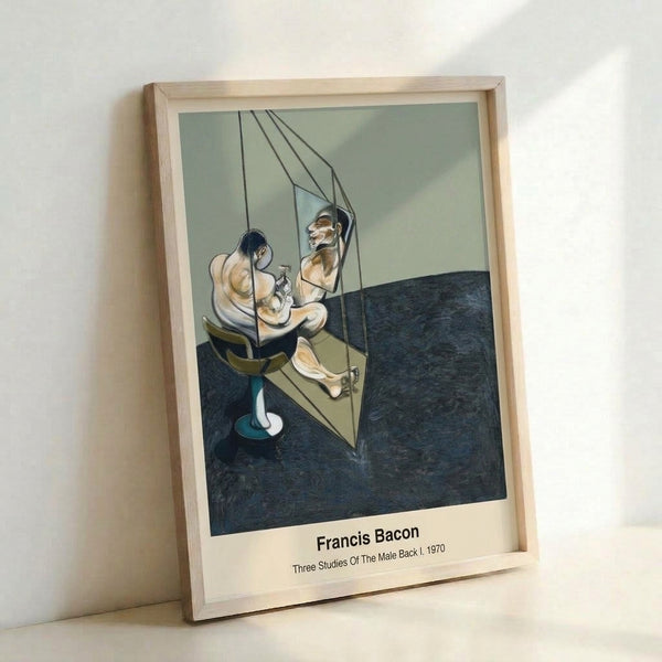 Framed triptych artwork presenting three variations of a solitary male back study in contemporary abstract style, dominated by warm ochre and cool grey tones with cage imagery suggesting confinement.