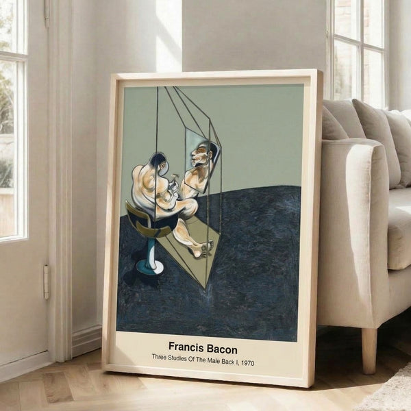 Modern three-part poster art featuring abstracted male figures viewed from behind, rendered in earthy ochres and greys with stark geometric forms evoking introspective, existential themes.