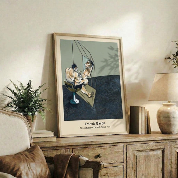 Abstract triptych wall art depicting three studies of a man's back set within geometric cage structures, rendered in muted cream, black, and ochre tones with psychologically charged intensity.