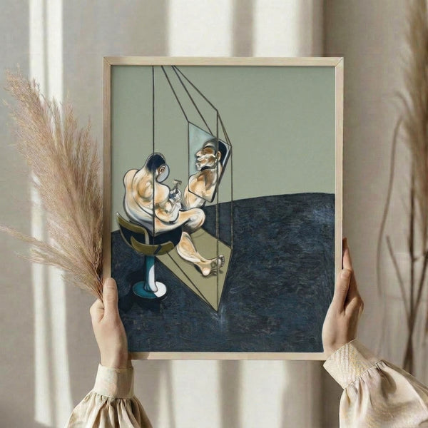 Modernist art print displaying three interpretations of male back anatomy in muted colors, combining figurative and abstract elements in a gallery-framed presentation.