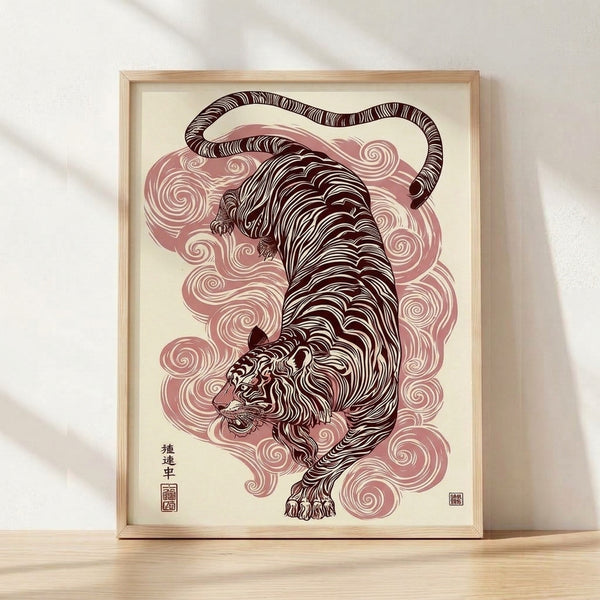 Japanese woodblock-style poster featuring a prowling tiger amid swirling clouds in cream, dusty rose, and dark brown tones, evoking a mystical and powerful mood.
