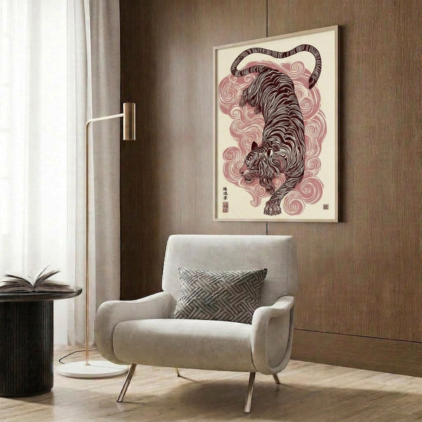 Framed line art print with a tiger moving through spiral clouds in the style of Japanese woodblock art, rendered in warm creams and deep browns with a contemplative atmosphere.