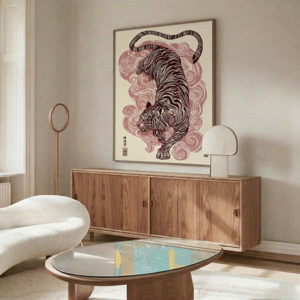 Asian-inspired wall art depicting a tiger surrounded by flowing clouds in soft cream and dusty rose hues, executed in bold line work with a mystical Showa-era aesthetic.