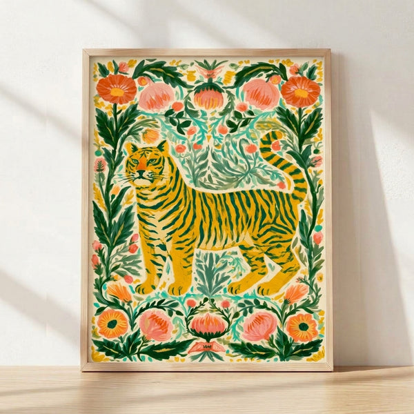Folk art style poster featuring a tiger surrounded by vibrant botanical elements including flowers, plants, and leaves in golden yellow, forest green, coral pink, and teal tones on a cream background, framed on a wall.