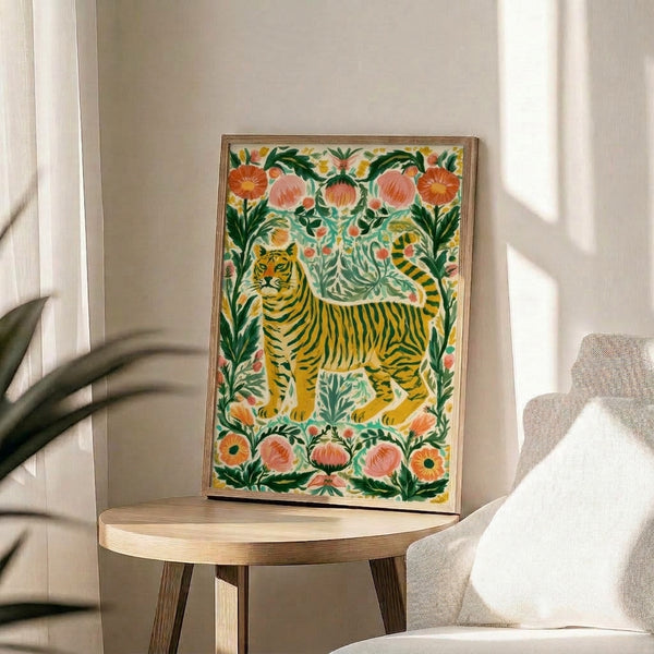 Whimsical boho poster art depicting a serene tiger amid a lush floral garden with cottagecore-inspired botanical illustrations in warm and cool earth tones, hung as a framed print.