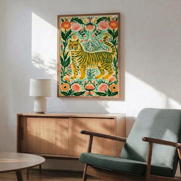 Peaceful folk art print showcasing a tiger nestled within blooming flowers and foliage in golden, green, coral, and teal hues, creating a natural and harmonious botanical composition.